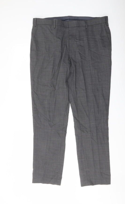 Marks and Spencer Mens Grey Wool Trousers Size 38 in L31 in Slim Hook & Eye