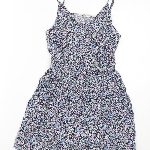 H&M Girls Purple Floral Viscose A-Line Size 9-10 Years V-Neck