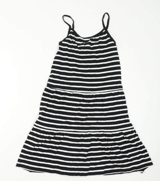 Marks and Spencer Girls Black Striped Cotton A-Line Size 7-8 Years Square Neck Pullover