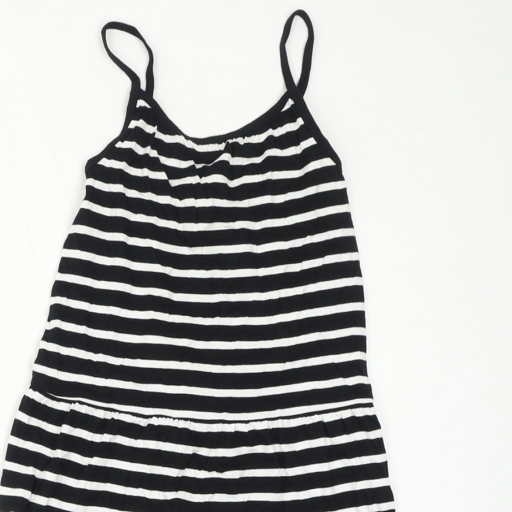 Marks and Spencer Girls Black Striped Cotton A-Line Size 7-8 Years Square Neck Pullover