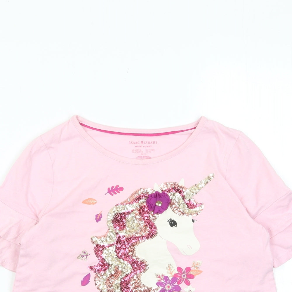 Isaac Mizrahi Girls Pink Cotton Basic T-Shirt Size 10-11 Years Crew Neck Pullover - Unicorn, Sequins