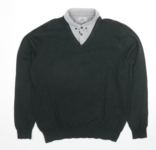 Marks and Spencer Mens Green Collared Cotton Pullover Jumper Size M Long Sleeve - Shirt Detail