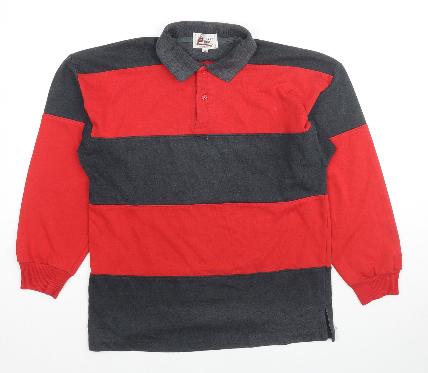 Pierre Leon Mens Red Striped Polyester Polo Size S Collared Pullover