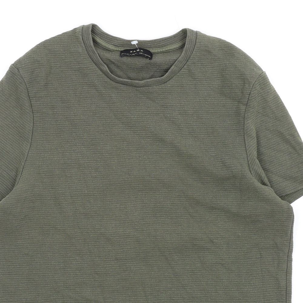 Zara Mens Green Cotton T-Shirt Size M Round Neck