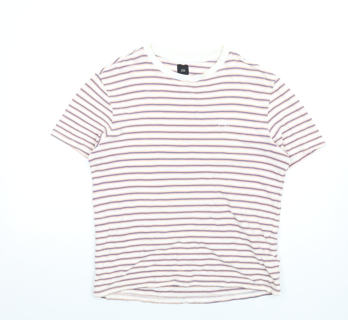 River Island Mens Multicoloured Striped Cotton T-Shirt Size M Round Neck