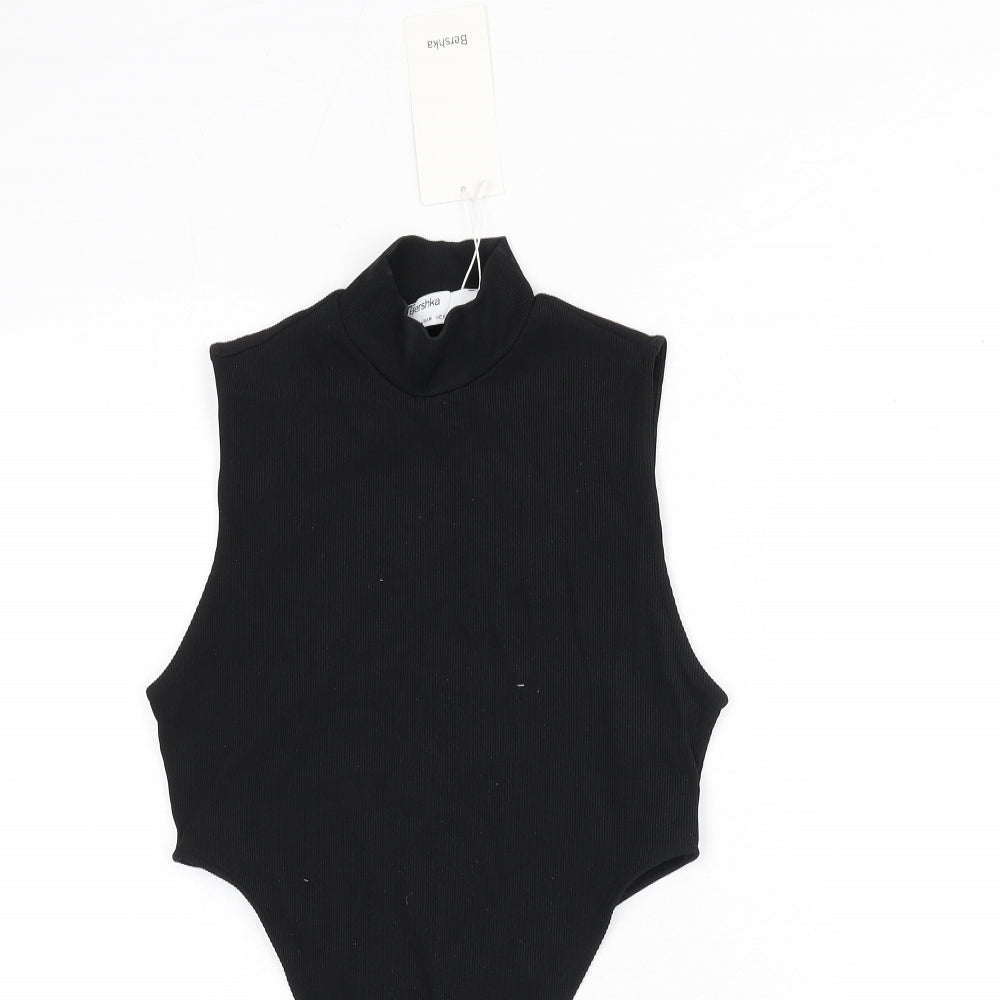 Bershka Womens Black Polyamide Bodysuit One-Piece Size M Snap - Ribbed