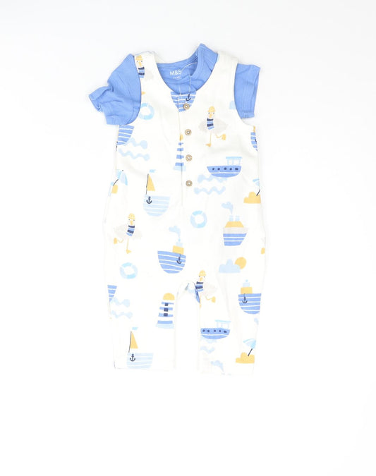 Marks and Spencer Boys White Geometric Cotton Dungaree One-Piece Size 3-6 Months Snap - Boat Seagull Print