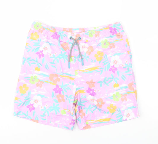 Marks and Spencer Boys Purple Floral Polyester Sweat Shorts Size 9-10 Years Regular Drawstring - Swim Shorts