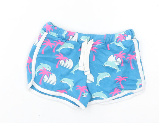 Marks and Spencer Girls Blue Geometric Cotton Sweat Shorts Size 6-7 Years L3 in Regular Drawstring - Dolphins, Palm Trees, Inside Leg 2in