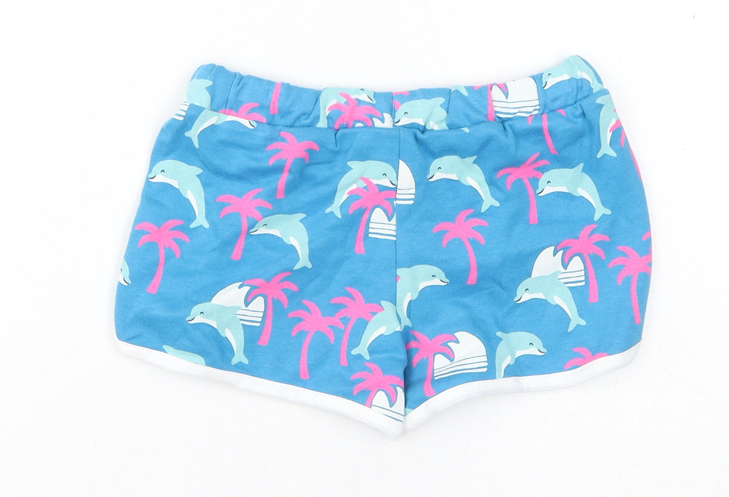 Marks and Spencer Girls Blue Geometric Cotton Sweat Shorts Size 6-7 Years L3 in Regular Drawstring - Dolphins, Palm Trees, Inside Leg 2in