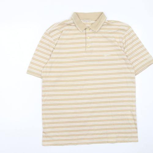 Slazenger Mens Beige Striped Cotton Polo Size M Collared Button - Logo, Embroided