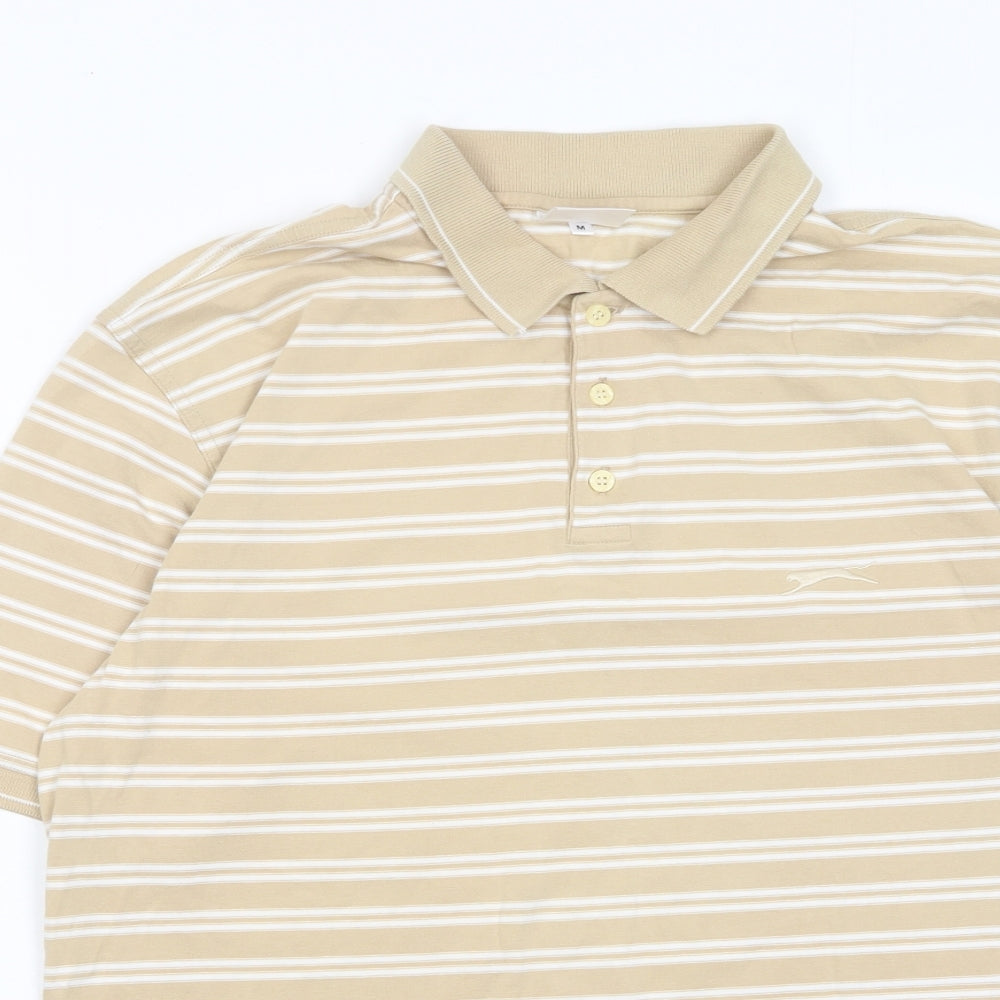 Slazenger Mens Beige Striped Cotton Polo Size M Collared Button - Logo, Embroided