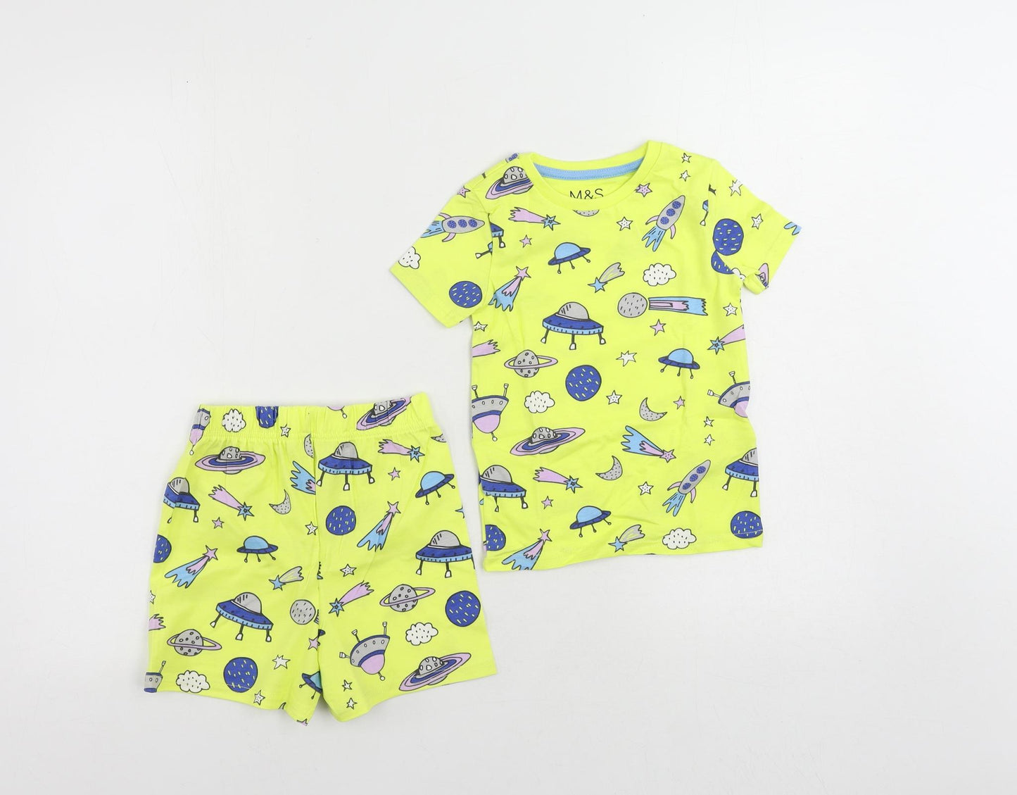 Marks and Spencer Boys Yellow Geometric Cotton Pyjama Set Size 2-3 Years Pullover - Space Print