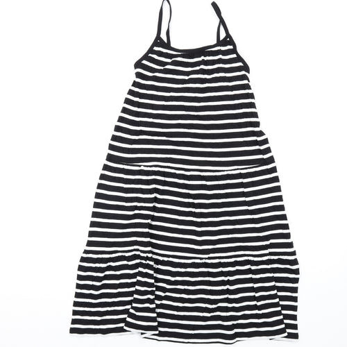 Marks and Spencer Girls Black Striped Cotton Trapeze & Swing Size 9-10 Years Round Neck Pullover