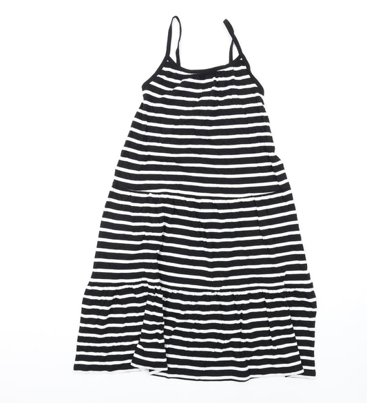 Marks and Spencer Girls Black Striped Cotton Trapeze & Swing Size 9-10 Years Round Neck Pullover