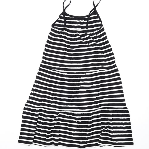 Marks and Spencer Girls Black Striped Cotton Trapeze & Swing Size 9-10 Years Round Neck Pullover