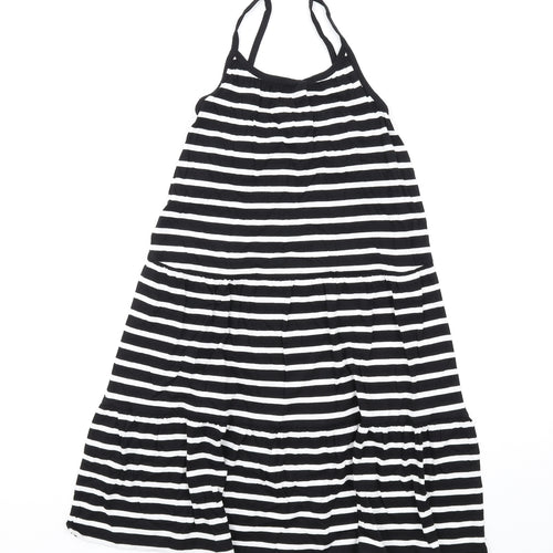 Marks and Spencer Girls Black Striped Cotton Trapeze & Swing Size 7-8 Years Round Neck Pullover