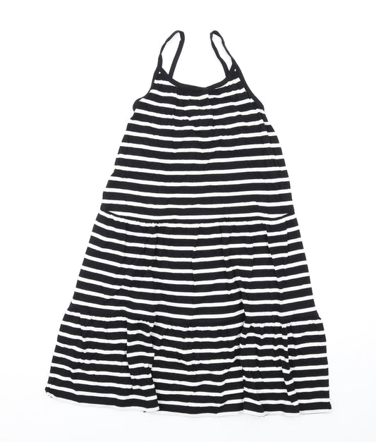 Marks and Spencer Girls Black Striped Cotton Trapeze & Swing Size 7-8 Years Round Neck Pullover