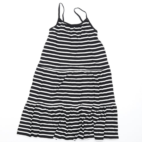 Marks and Spencer Girls Black Striped Cotton Trapeze & Swing Size 9-10 Years Round Neck Pullover