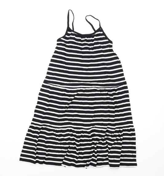 Marks and Spencer Girls Black Striped Cotton Trapeze & Swing Size 9-10 Years Round Neck Pullover