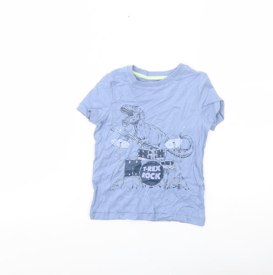 Marks and Spencer Boys Blue Cotton Basic T-Shirt Size 2-3 Years Crew Neck Pullover - T-Rex