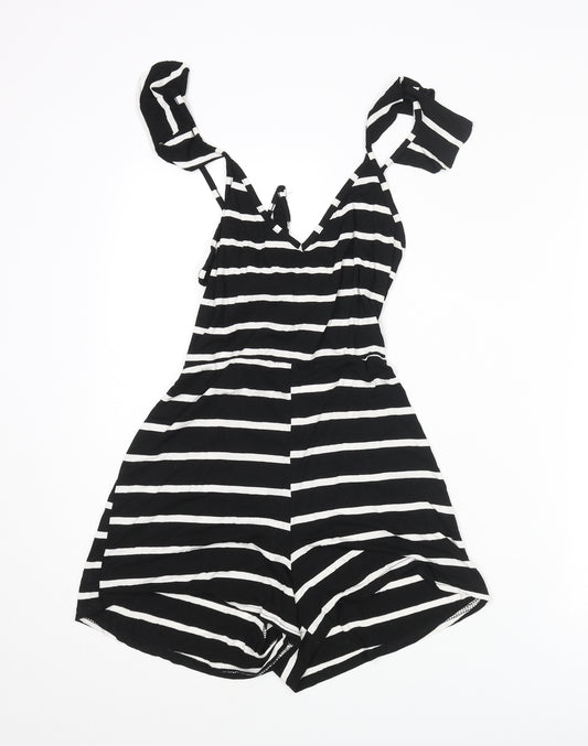 Boohoo Womens Black Striped Polyester Playsuit One-Piece Size 8 Tie - Frill Open Back