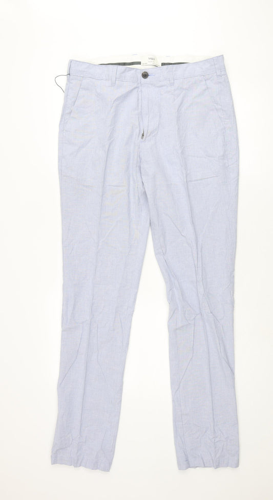 Marks and Spencer Mens Blue Cotton Chino Trousers Size 34 in L33 in Regular Zip