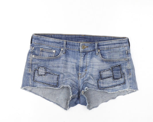 H&M Womens Blue Cotton Hot Pants Shorts Size 10 L3 in Regular Zip - Inside Leg 2in, Distressed Hem