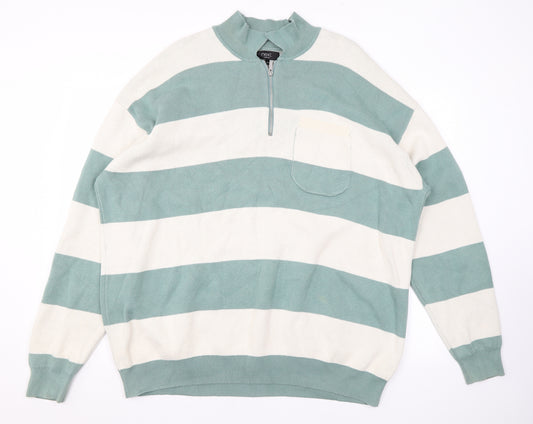 NEXT Mens Green Mock Neck Striped Cotton Pullover Jumper Size XL Long Sleeve