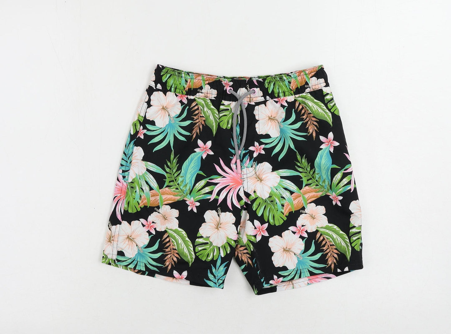 Marks and Spencer Boys Black Floral Polyester Bermuda Shorts Size 9-10 Years Regular Drawstring - Swim Shorts