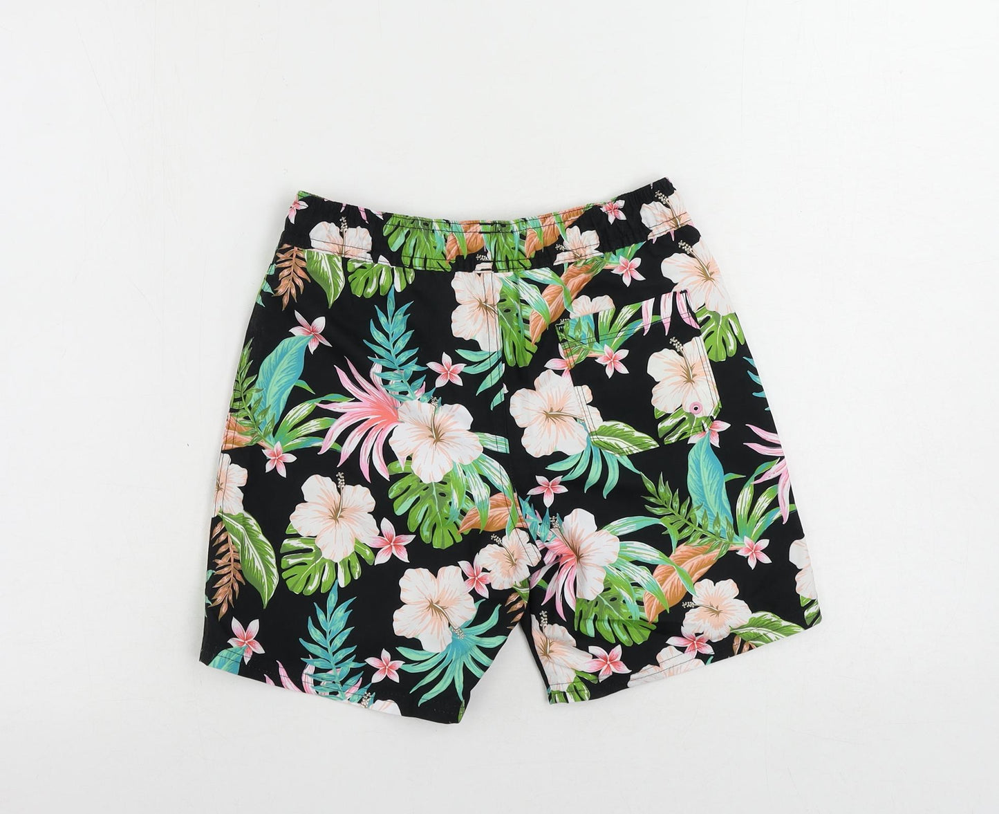 Marks and Spencer Boys Black Floral Polyester Bermuda Shorts Size 9-10 Years Regular Drawstring - Swim Shorts