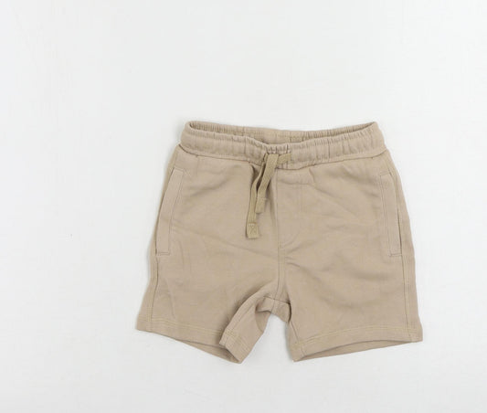 Marks and Spencer Boys Beige Cotton Sweat Shorts Size 4-5 Years Regular Drawstring - Pockets