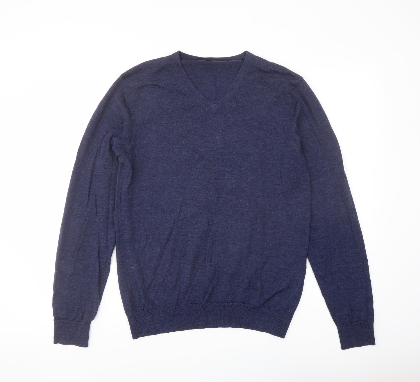 Uniqlo Mens Blue V-Neck Wool Pullover Jumper Size M Long Sleeve