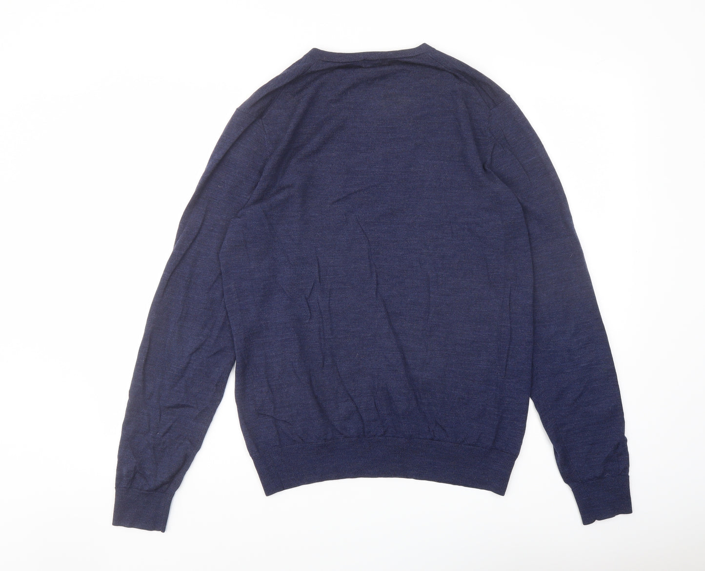 Uniqlo Mens Blue V-Neck Wool Pullover Jumper Size M Long Sleeve