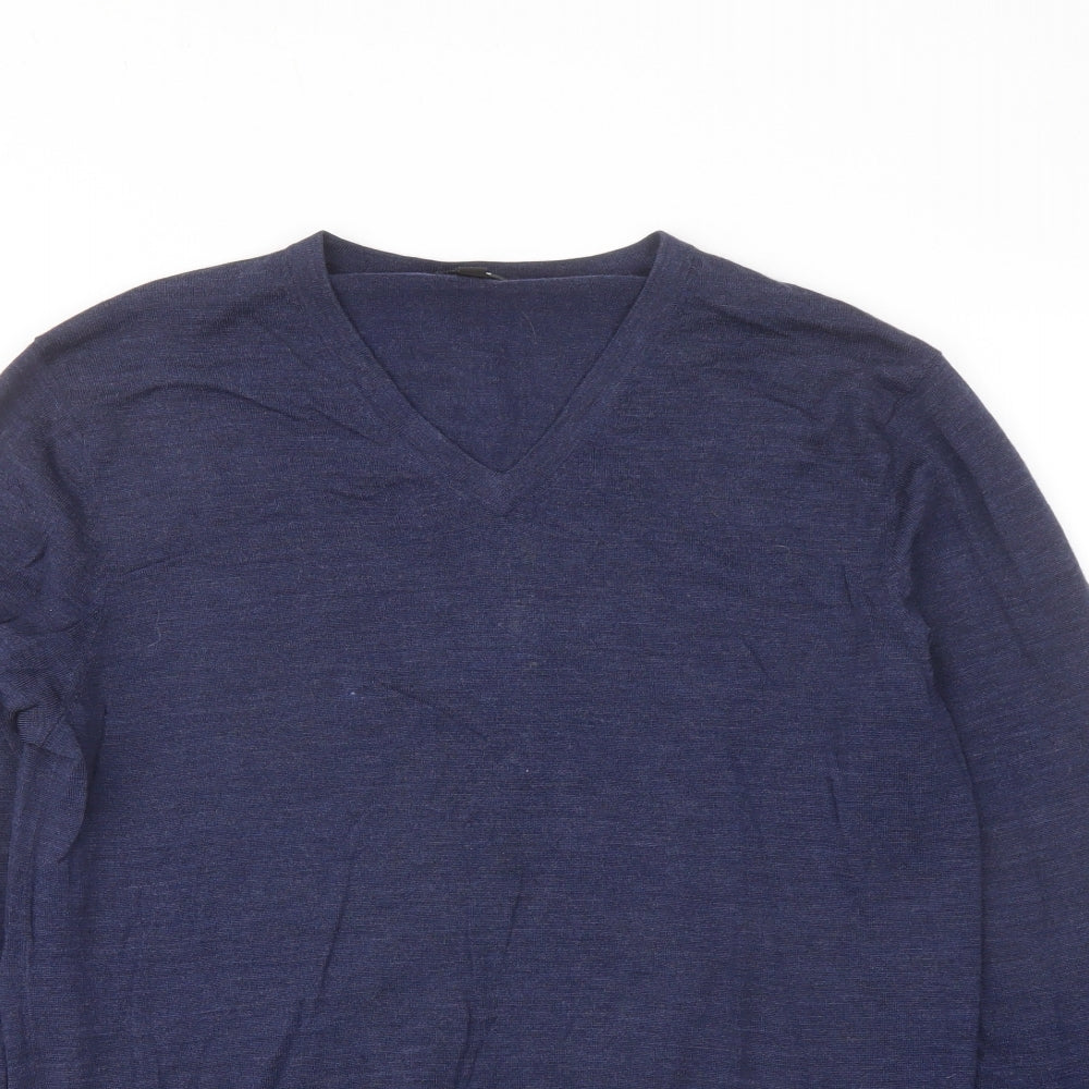 Uniqlo Mens Blue V-Neck Wool Pullover Jumper Size M Long Sleeve