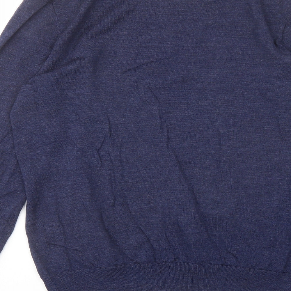 Uniqlo Mens Blue V-Neck Wool Pullover Jumper Size M Long Sleeve