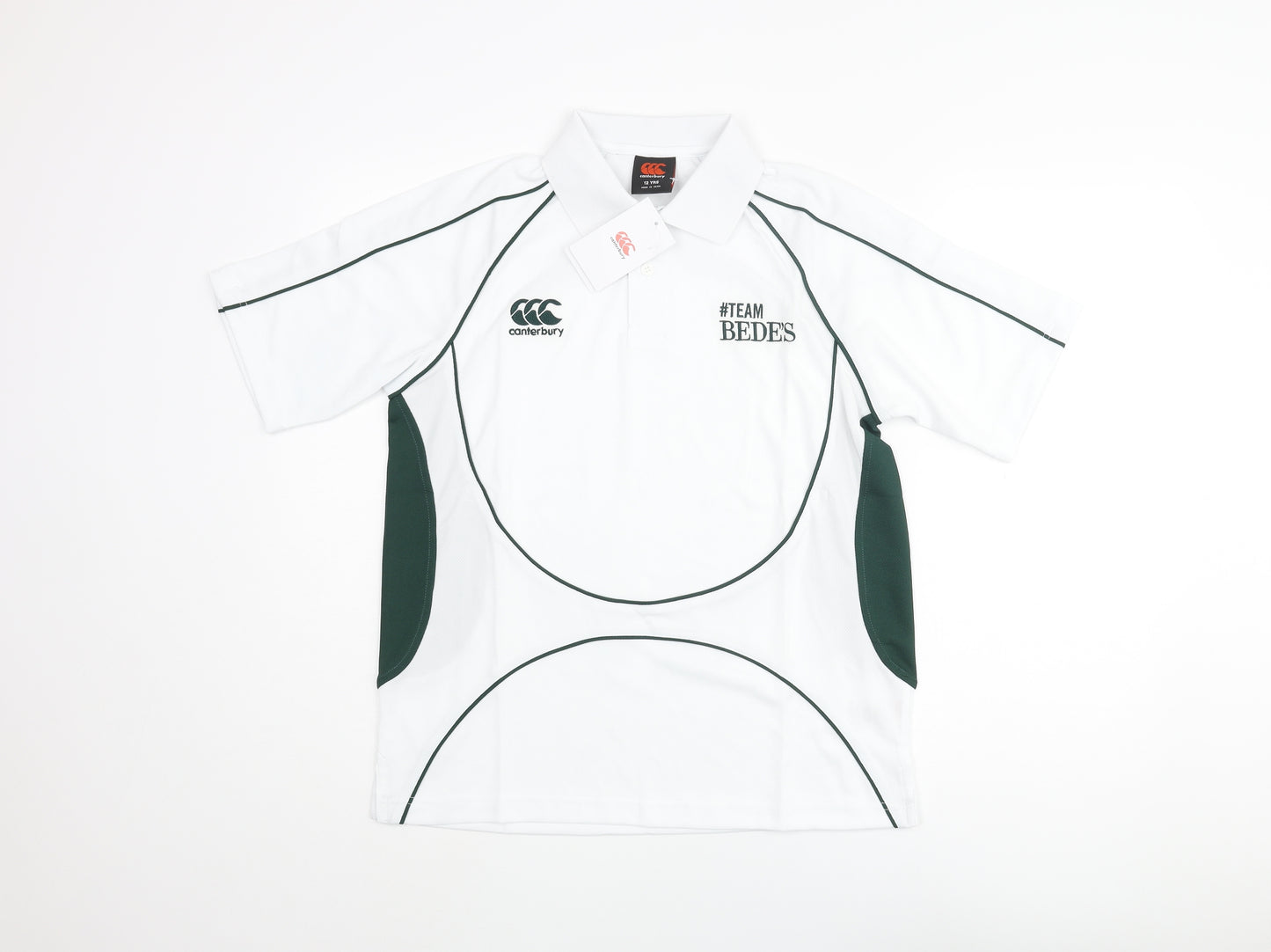 Canterbury Boys White Colourblock Polyester Basic Polo Size 12 Years Collared Button - Logo #TEAM BEDE'S