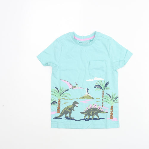 Marks and Spencer Boys Blue Cotton Basic T-Shirt Size 4-5 Years Round Neck Pullover - Dinosaur Scene Print