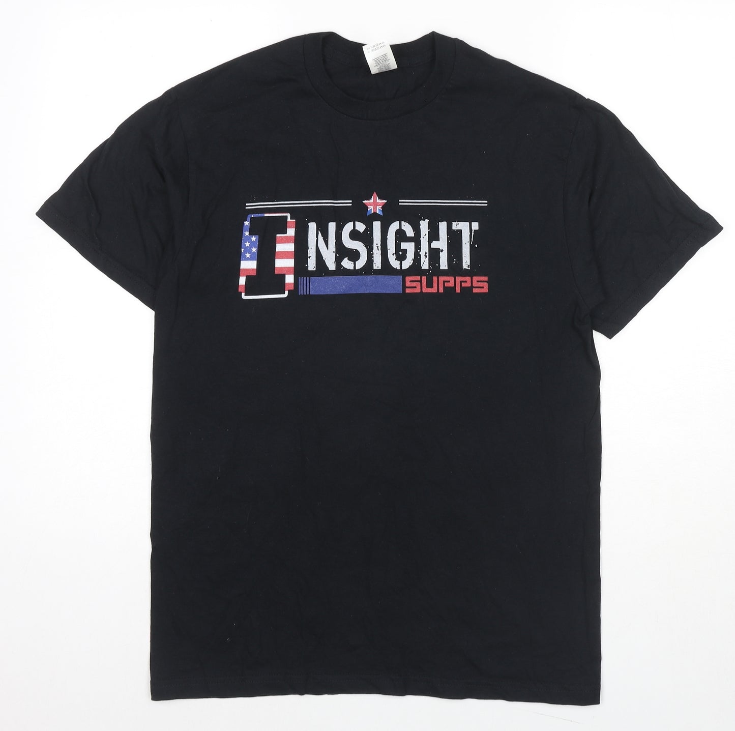 Gildan Mens Black Cotton T-Shirt Size M Round Neck - Insight Supps USA Flag