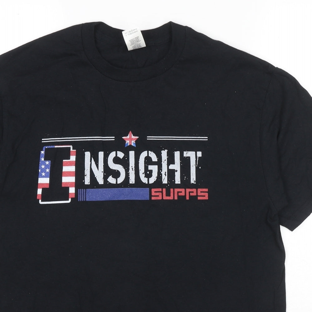 Gildan Mens Black Cotton T-Shirt Size M Round Neck - Insight Supps USA Flag