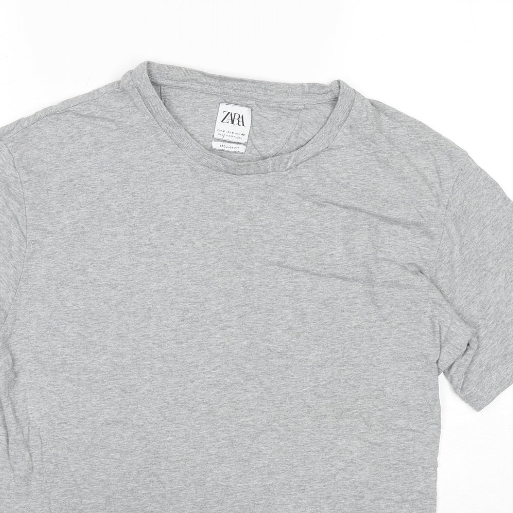 Zara Mens Grey Cotton T-Shirt Size M Round Neck