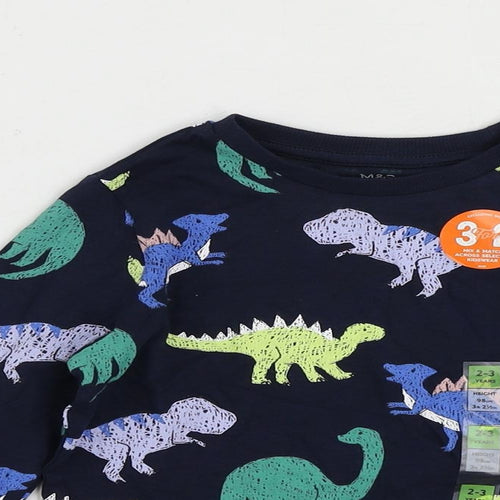 Marks and Spencer Boys Blue Geometric Cotton Pullover T-Shirt Size 2-3 Years Crew Neck Pullover - Dinosaur Print