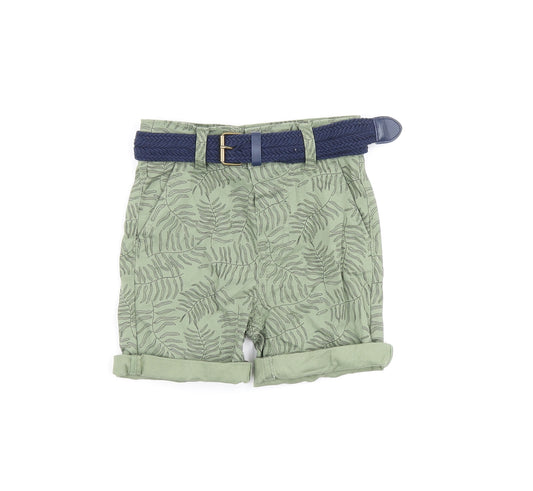 Denim & Co. Boys Green Geometric Cotton Bermuda Shorts Size 4-5 Years Regular Zip - Leaf Print, Belted