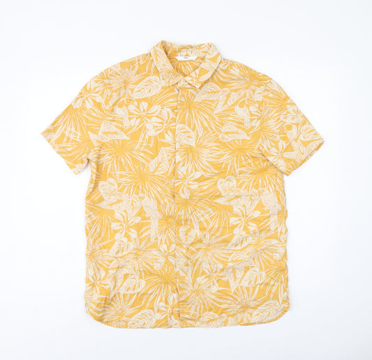 Marks and Spencer Boys Yellow Geometric Cotton Basic Button-Up Size 14-15 Years Collared Button - Leaf Print