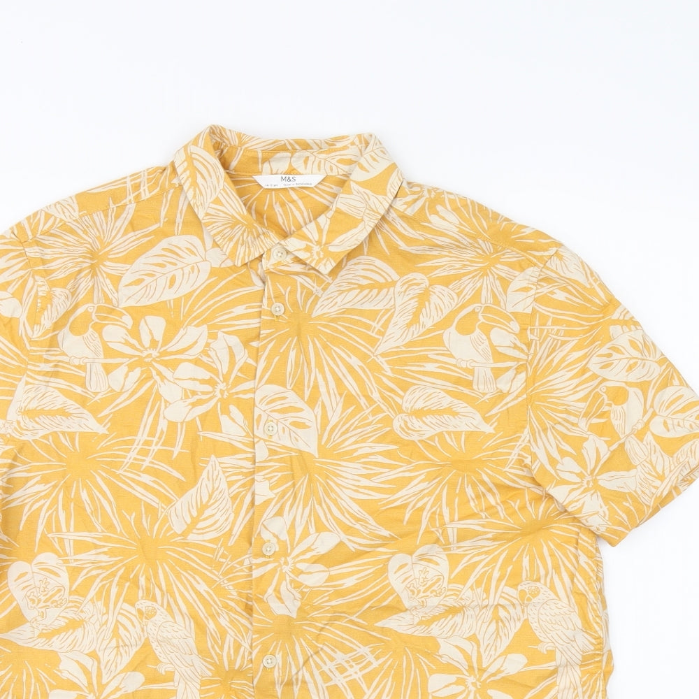 Marks and Spencer Boys Yellow Geometric Cotton Basic Button-Up Size 14-15 Years Collared Button - Leaf Print