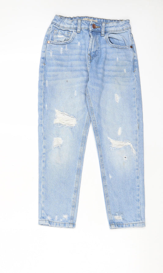 Marks and Spencer Girls Blue Cotton Straight Jeans Size 9-10 Years L21 in Regular Zip - Distressed, Pockets