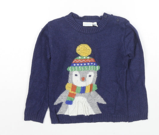 JoJo Maman Bébé Boys Blue Round Neck Wool Pullover Jumper Size 4-5 Years Tie - Christmas Penguin