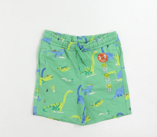 Marks and Spencer Boys Green Geometric Cotton Sweat Shorts Size 6-7 Years Regular Drawstring - Dinosaur Print