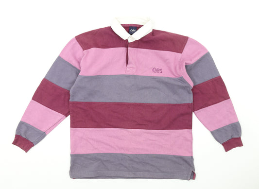 Cotton Traders Mens Pink Striped Cotton Polo Size M Collared Button