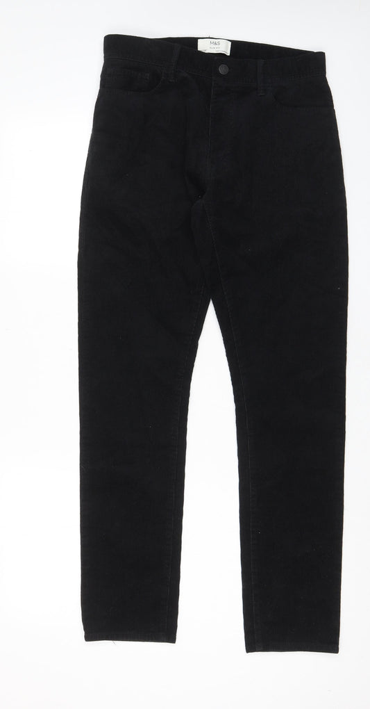 Marks and Spencer Mens Black Cotton Trousers Size 30 in L31 in Slim Zip - Pockets